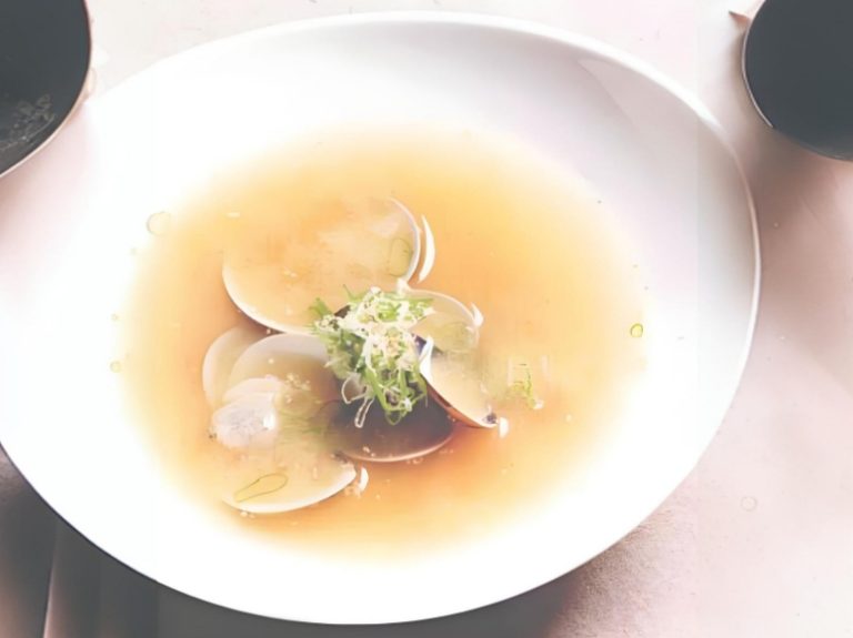 Plating techniques for clam miso soup