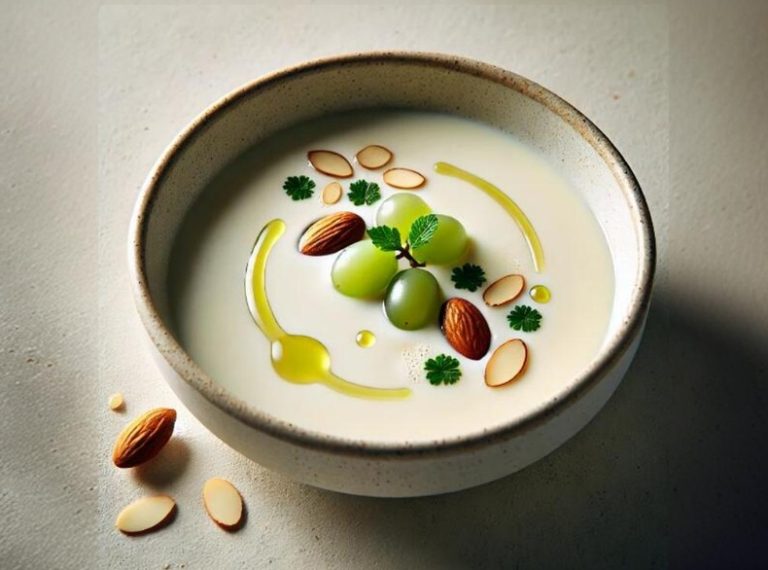 Plating techniques for Spanish-style almond gazpacho